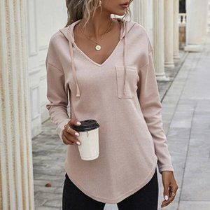 Comfy Curved Hem Drop Shoulder Drawstring Hoodie Top light apricot blush
